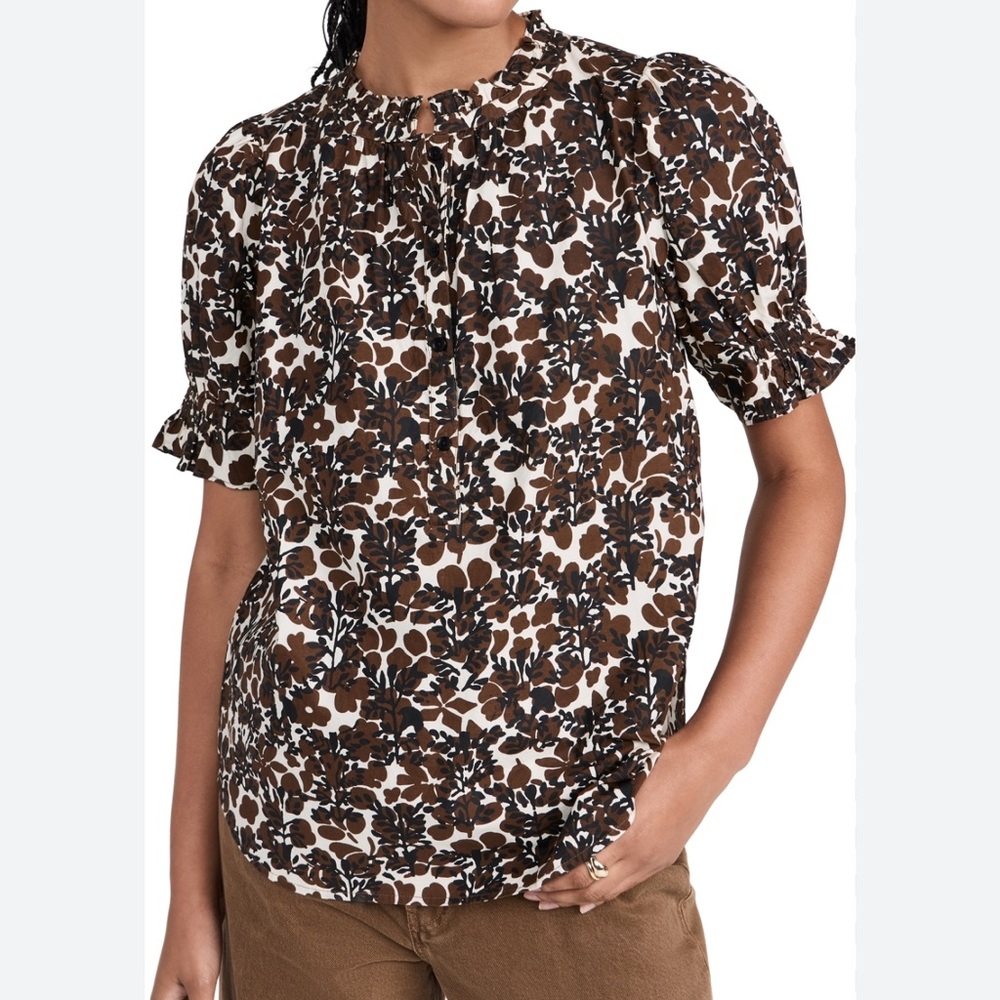 Apiece Apart Los Altos Floral Puff Sleeve Top Brown Black Cream XS